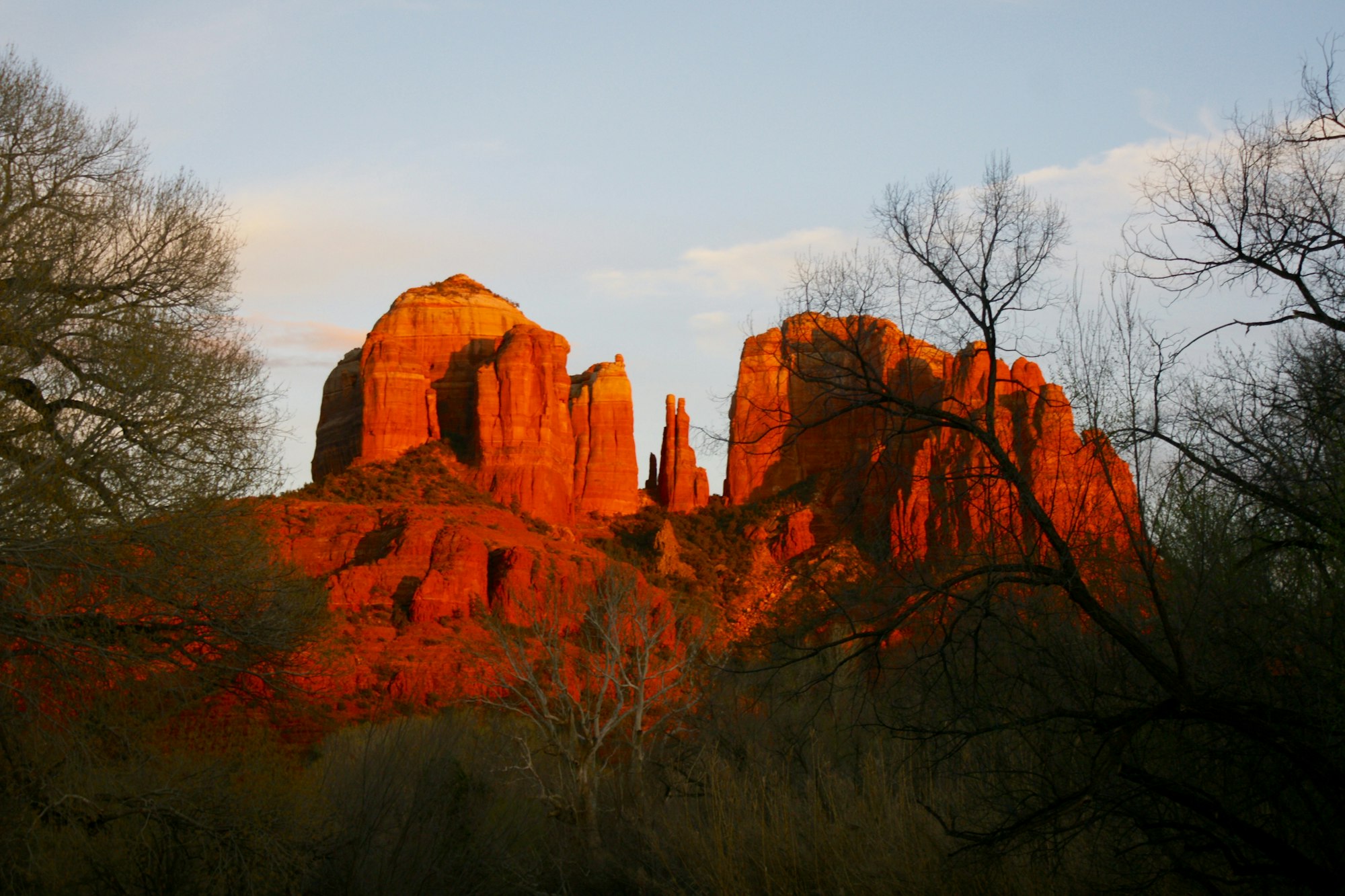 Sedona red-rock formations glowing in the last light of day