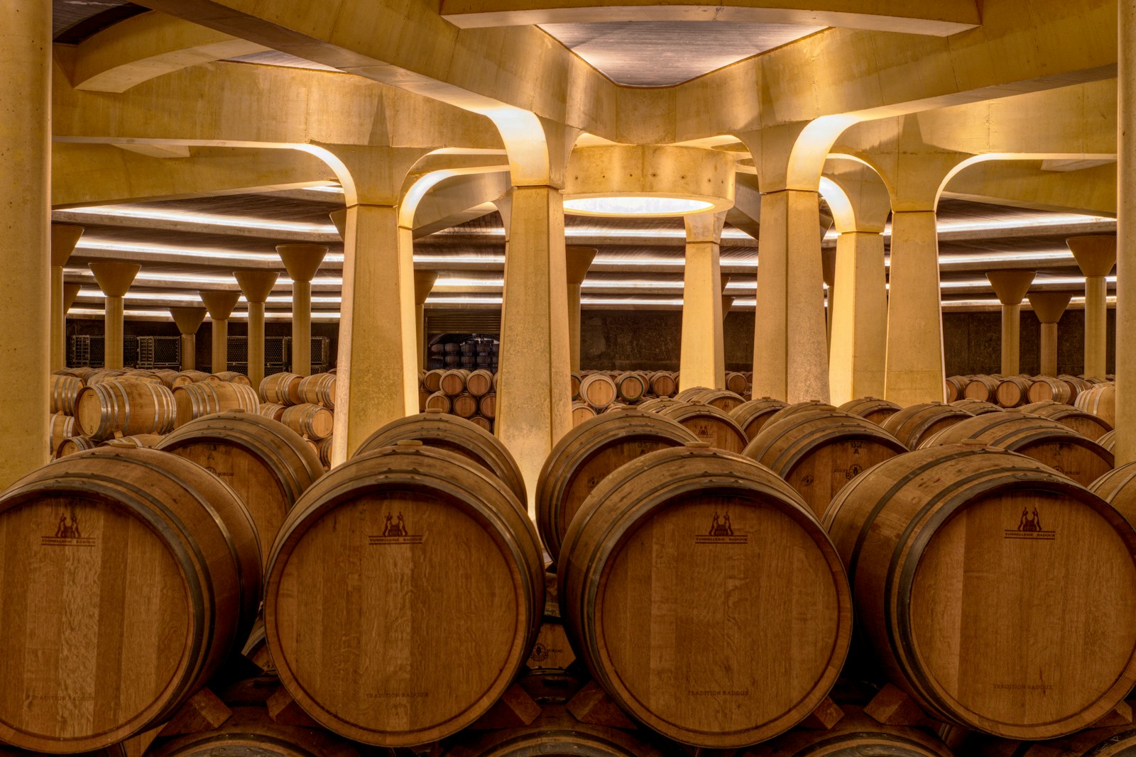 Rows of oak barrels in a warmly lit Spanish wine cellar