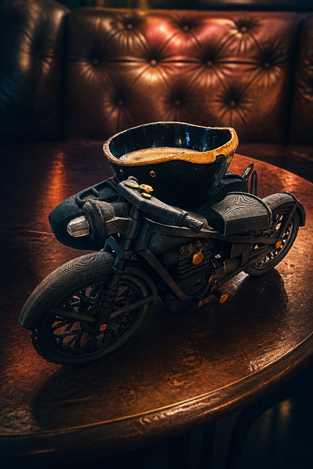 A stylized motorcycle-and-sidecar drink in a warm cocktail lounge