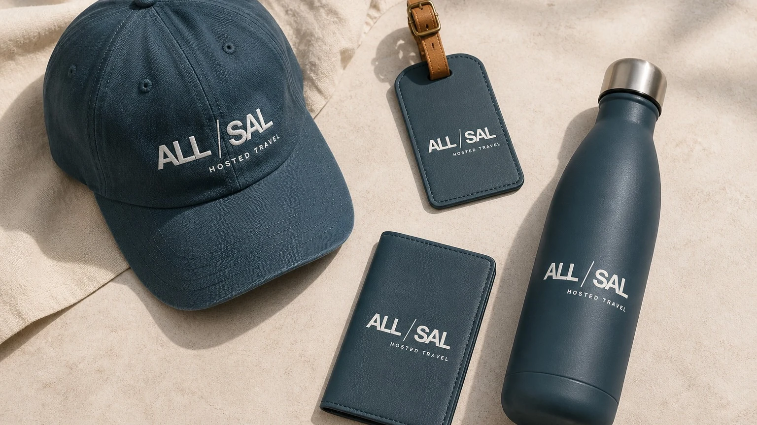 All Sal travel essentials in Blue Hour with warm ivory logos